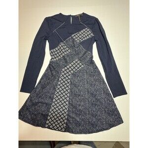 BCBGMAXAZRIA Girl’s Long Sleeve Fit & Flare Dress XXS Navy Geometric Patchwork